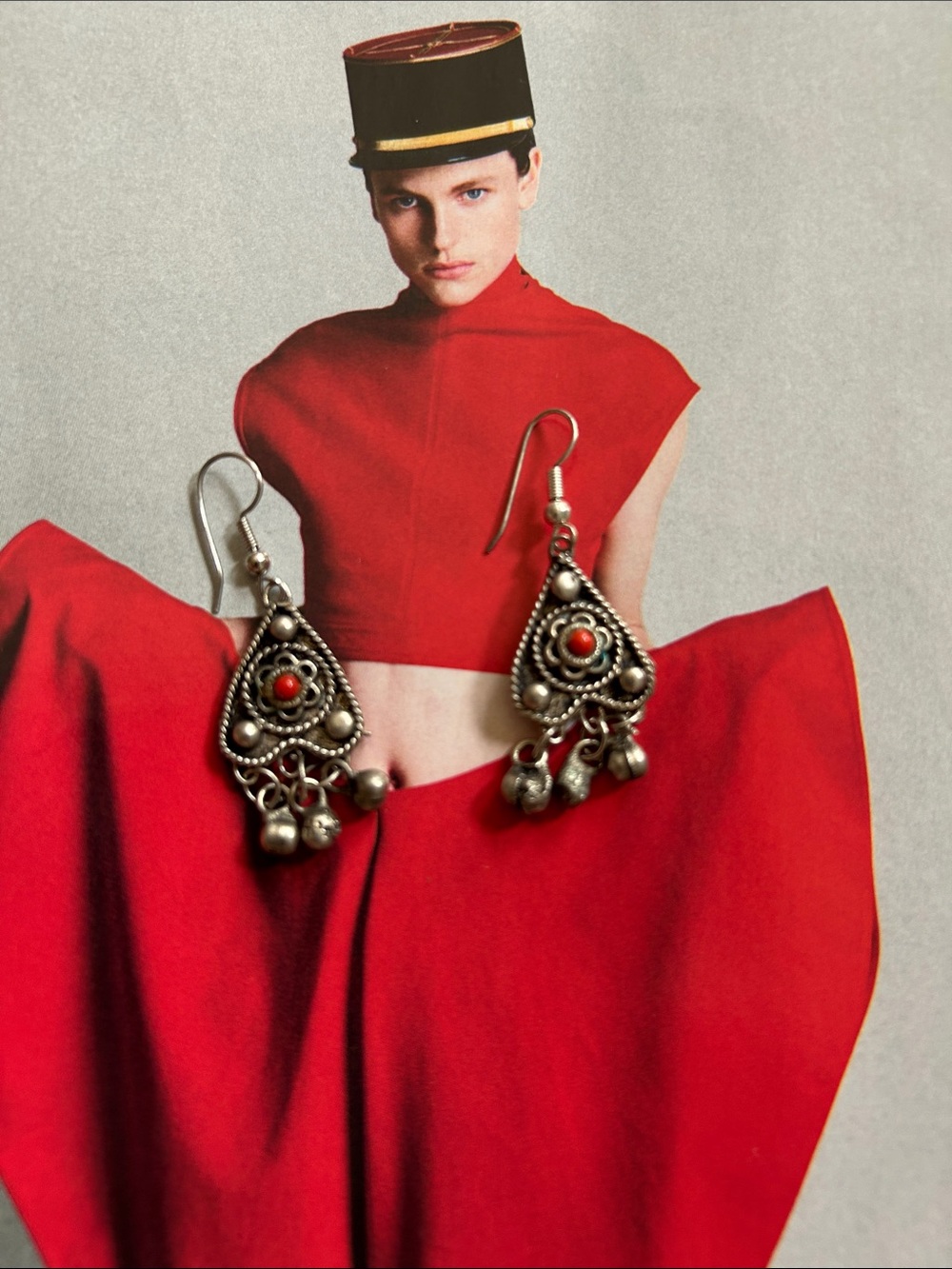 Vintage Silver Dangle Earrings with Red Accents ,approximately 2 inches